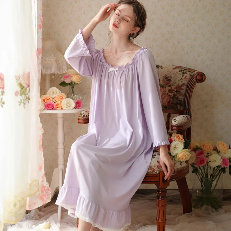 French Spring and Autumn Women's Long Cotton Pajamas, Long-sleeved Thin Loose Plus Size 200kg, Homewear Sleepshirt Nightgown
