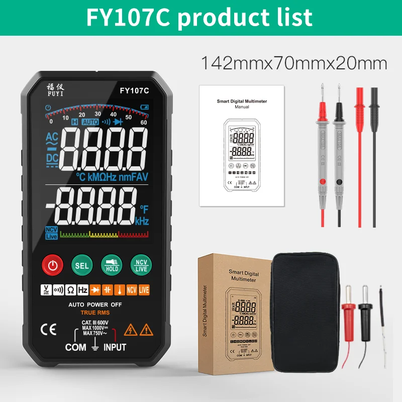 

FY107A B C Digital Multimeter Auto Range Capacitance Tester True RMS REL Ohm Hertz Voltmeter NCV Switch Buzzer Diode Analog Bar