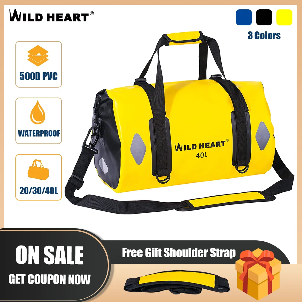 WILD HEART Waterproof Bag Duffel Bag 20L 30L 40L with Welded Seams Shoulder Straps, Mesh Pocket for Kayaking, Camping, Boating,B