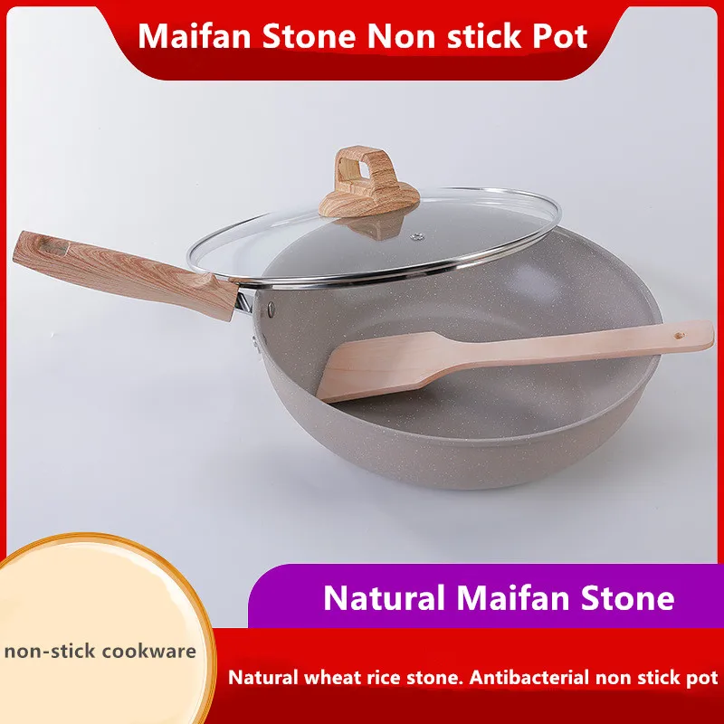 Чугунная сковорода Maifanshi с антипригарным покрытием и стеклянной крышкой для