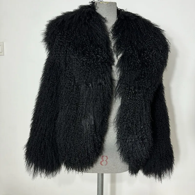 Настоящая дубленка монгольский мех ягненка длина 60 см женская куртка из