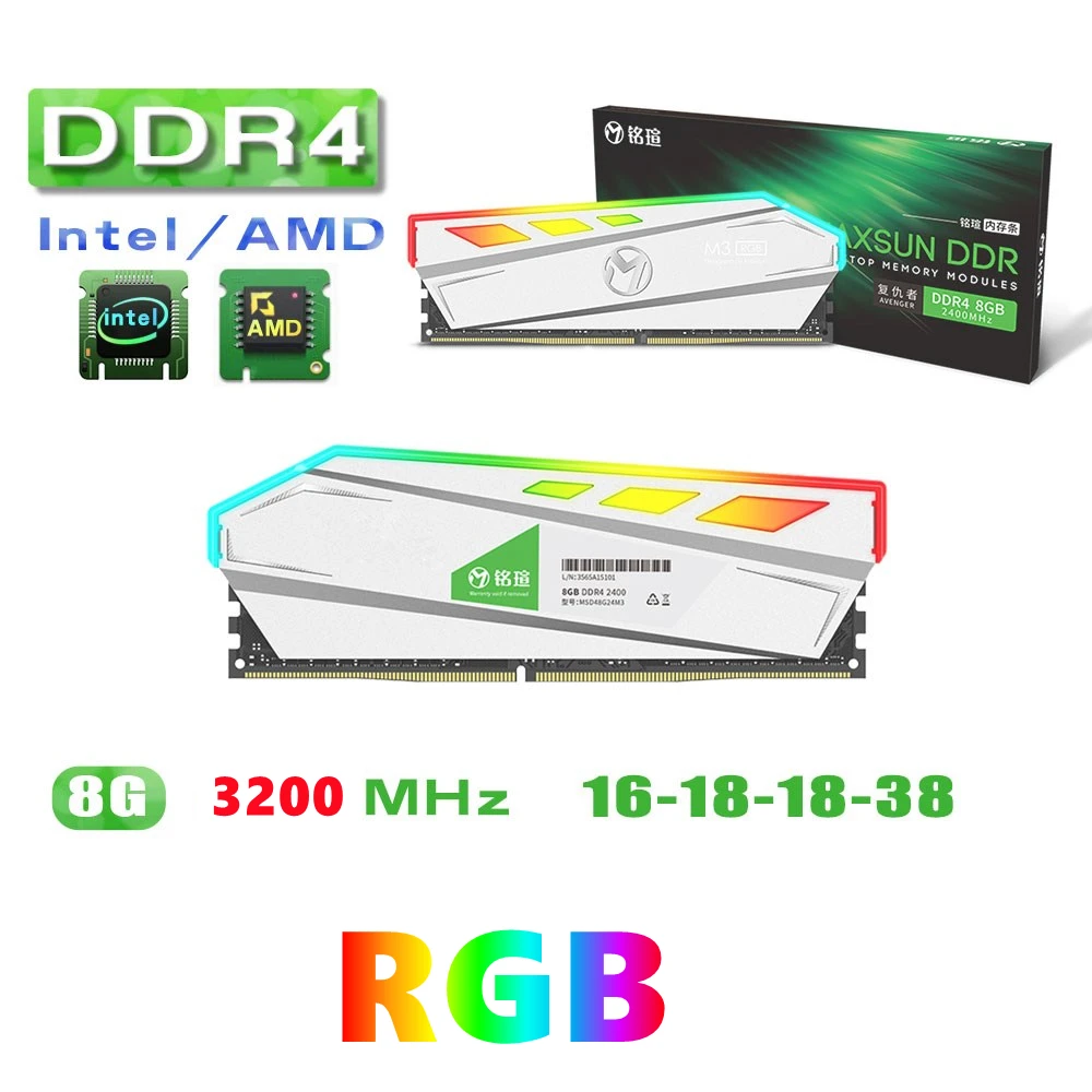 MAXSUN RAM DDR4 4GB 8GB 16GB Memory 2666 3200MHz Memoria Rams Dimm RGB Lighting Desktop with Heat Sink |
