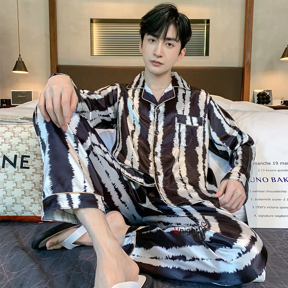 Men Silk Satin Pajamas Sets Long Sleeve Pyjamas Suit Sleepwear Pijama Men Loungewear Plus Size Set L-5XL Sleepwear Set Nightwear