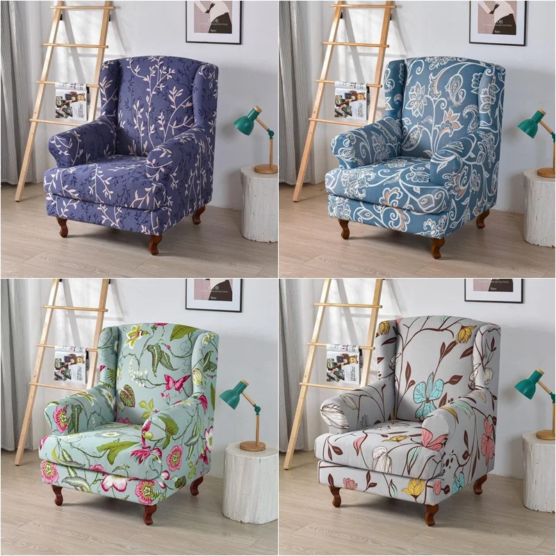 Floral Print Wing Chair Cover Sloping King Back Armchair Covers Spandex Stretch Wingback Sofa Slipcovers with Seat Cushion Cover