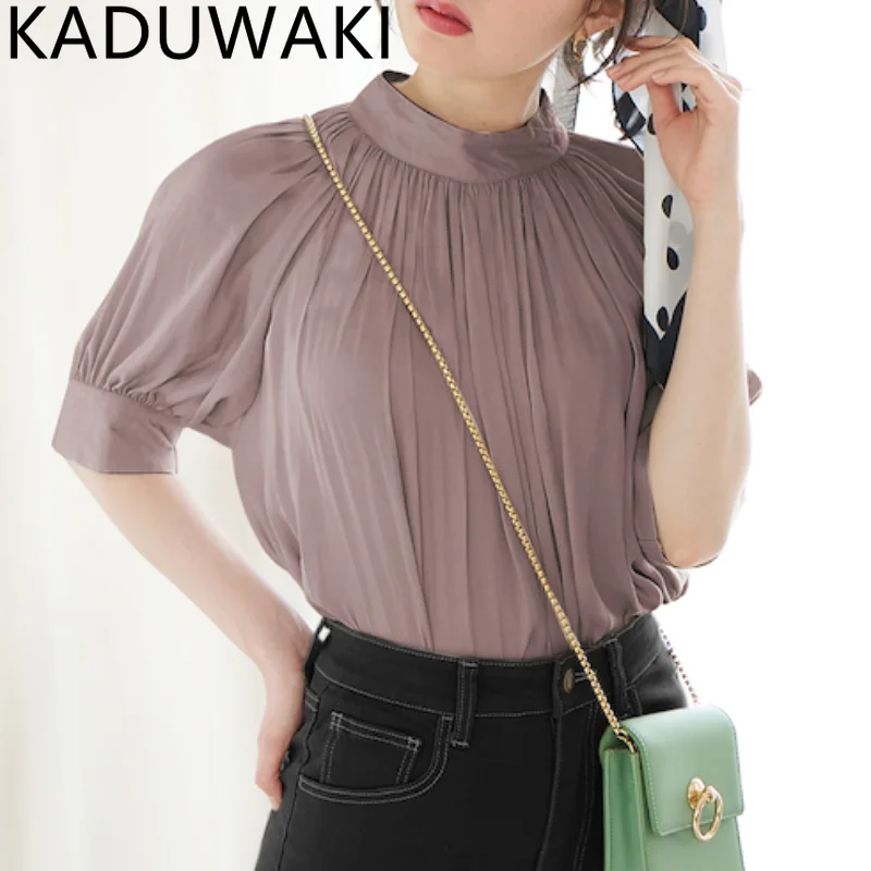

Japanese Stand Collar Puff Sleeve Shirts Women Solid All-match Loose Casual Blouses Summer New Fashion Elegant Blusa Tops Mujer