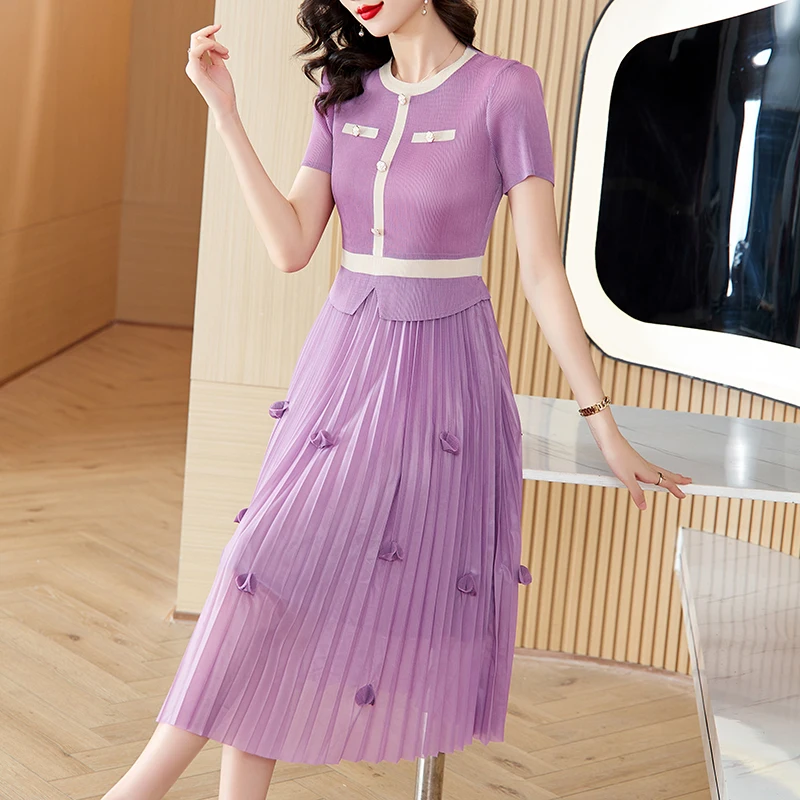 

Sanzhai Pleated Dress 2023 Summer Women's O-Neck Petal Decoration Elastic Skirt Slim Fit Large Slim Knee Long Dress Robe