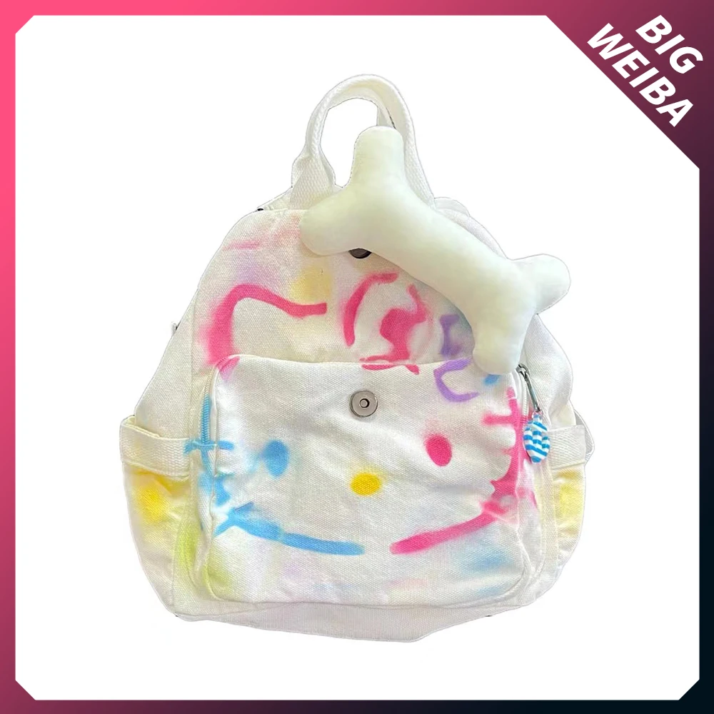 

Милый рюкзак Hello Kitty, Холщовая Сумка с милыми рисунками граффити, Повседневная вместительная сумка-мессенджер, школьная сумка с подвеской в ...