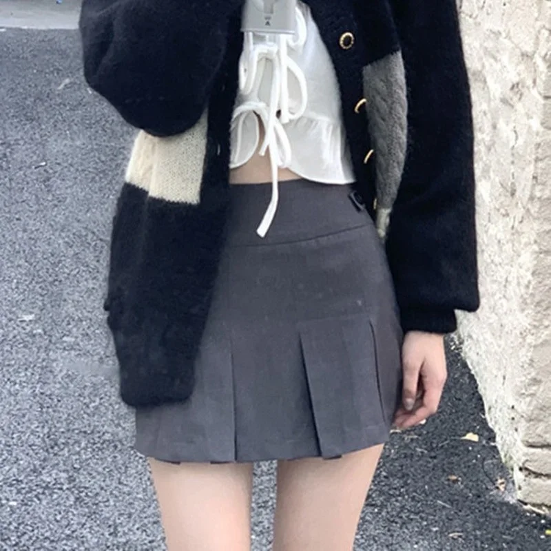 

Vintage Gray Pleated Skirt Women Kawaii High Waist Mini Skirts Korean Fashion School Uniform Harajuku Streetwear Spring