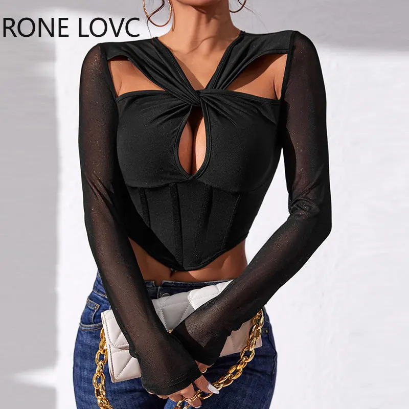 

2023 Women Chic Criss Cross Hollow Long Sleeves Mesh Bright Line Decor Basic Black Blouse Top