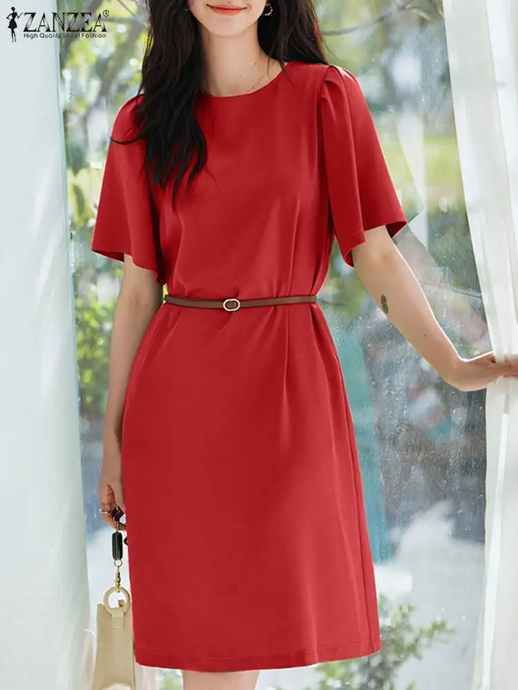 

Элегантный Однотонный сарафан ZANZEA, женское модное офисное платье, женское повседневное свободное платье миди с коротким рукавом и круглым вырезом