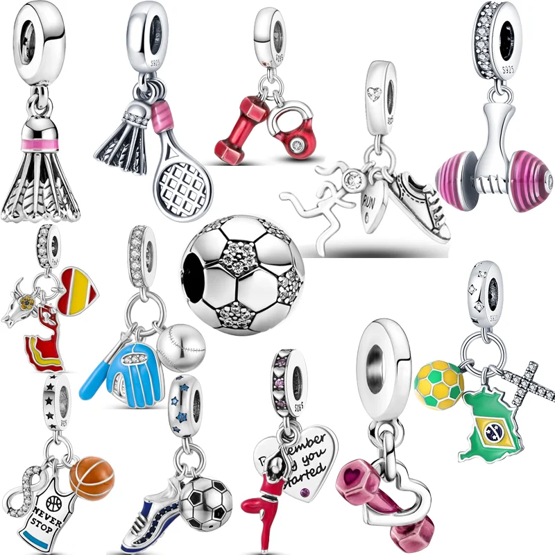 New 925 Silver Badminton Dumbbell Football Basketball Runner Sports Style Beads Fit Original Pandora Charms Bracelet DIY Jewelry