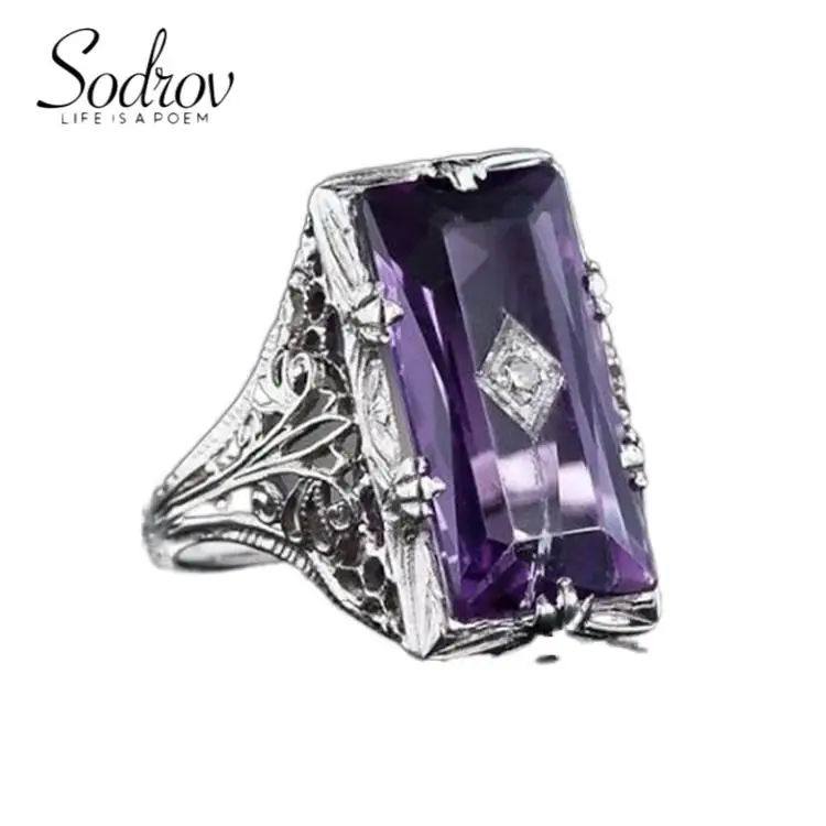 

Crystal Jewelry Purple Zircon Baguette Amethyst Hollow Flower Rings for Women