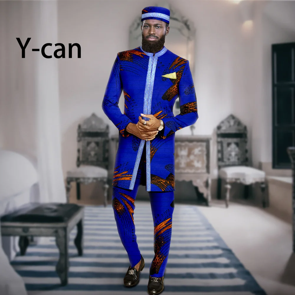 Men suits African Clothes Slim Fit 3 PCS Set Dashiki Print Jacket and Trousers Match Muslim Caps Bazin Riche  Attire A2316065