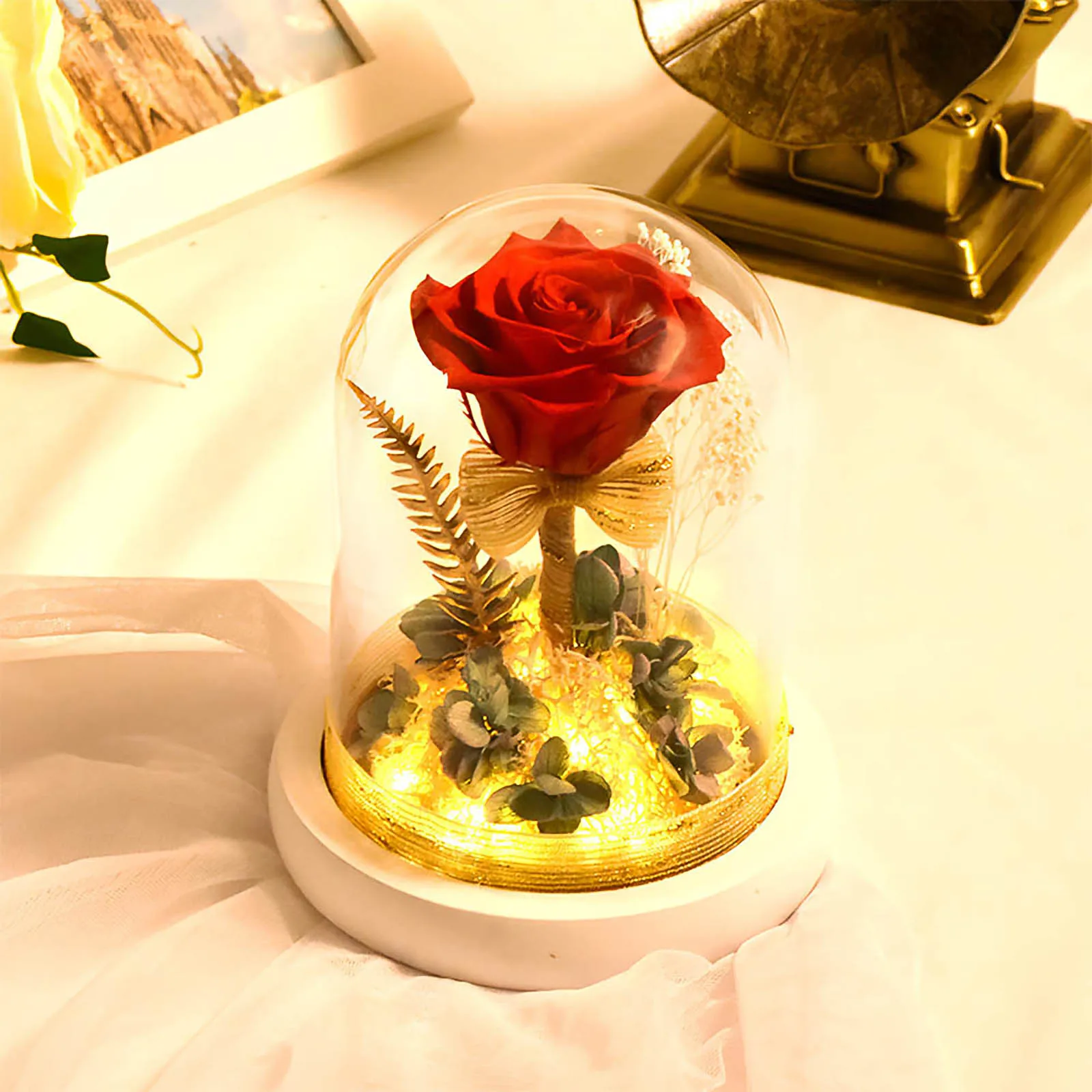 

2023 Glass Cover Fresh Preserved Rose Flower Barbed Rose Flores For Wedding Marriage Home Party Decoration Valentine'S Day Gift