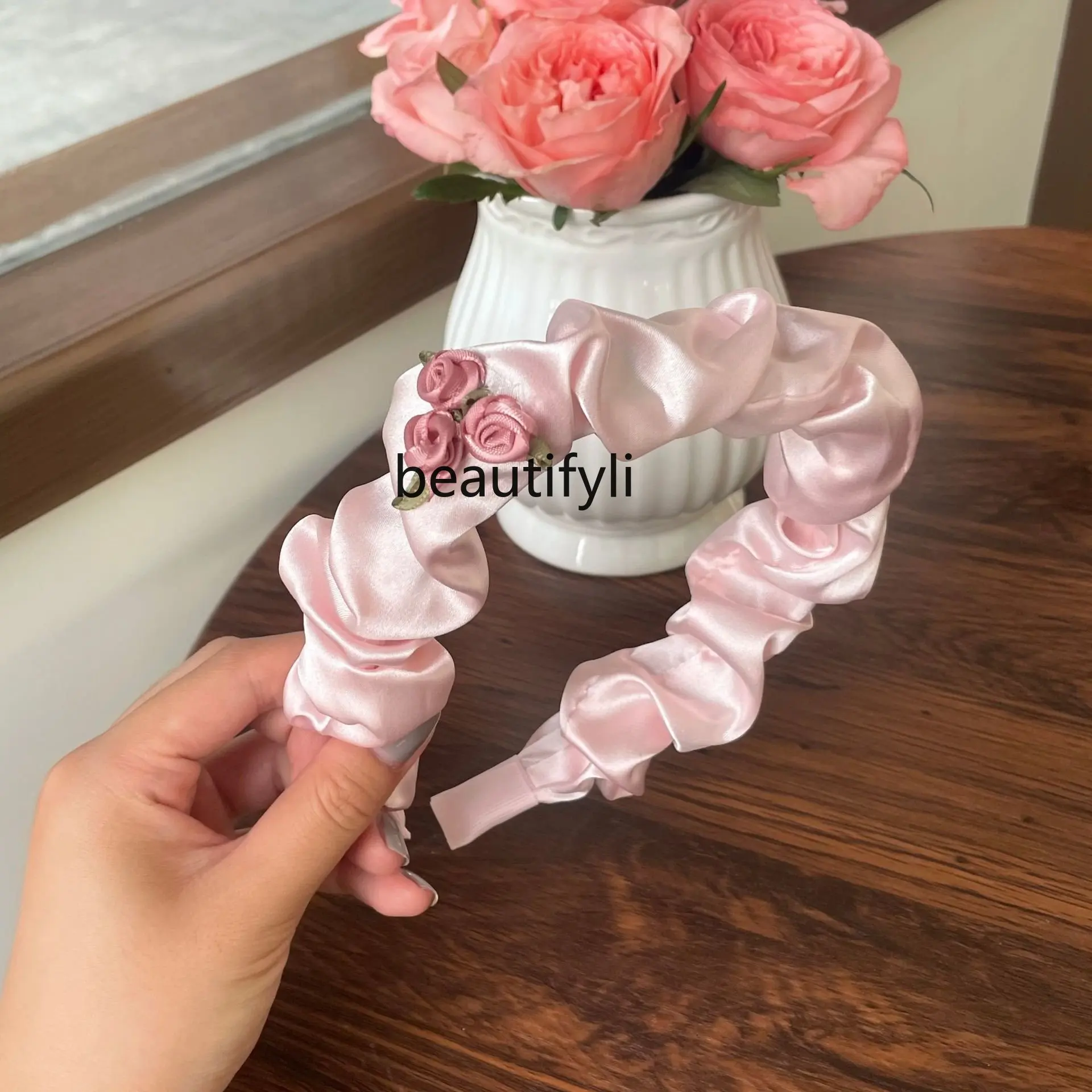 

yj Pink Floral Bright Pleated Flower Style Updo Wide Brim Hair Band Female Hair Fixer Hairpin Hair Ornaments
