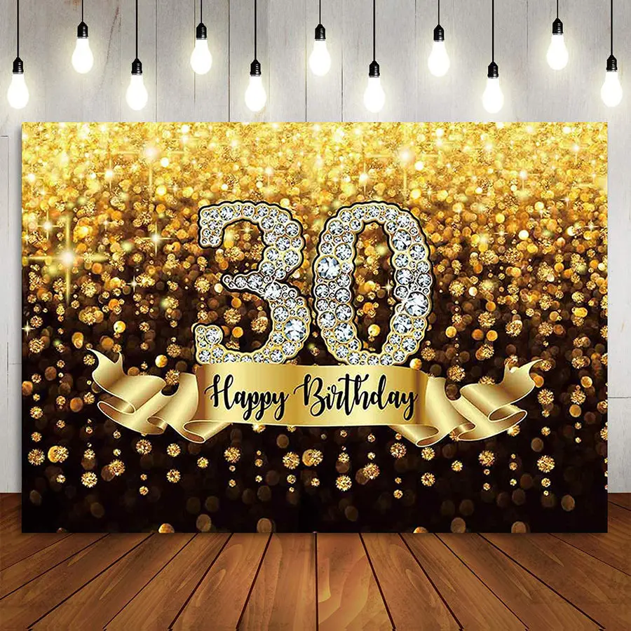 

30th Birthday Backdrop for Men Women Black Gold Bokeh Thirty Year Old Photography Background Photo Booth Party Wall Cake Banner