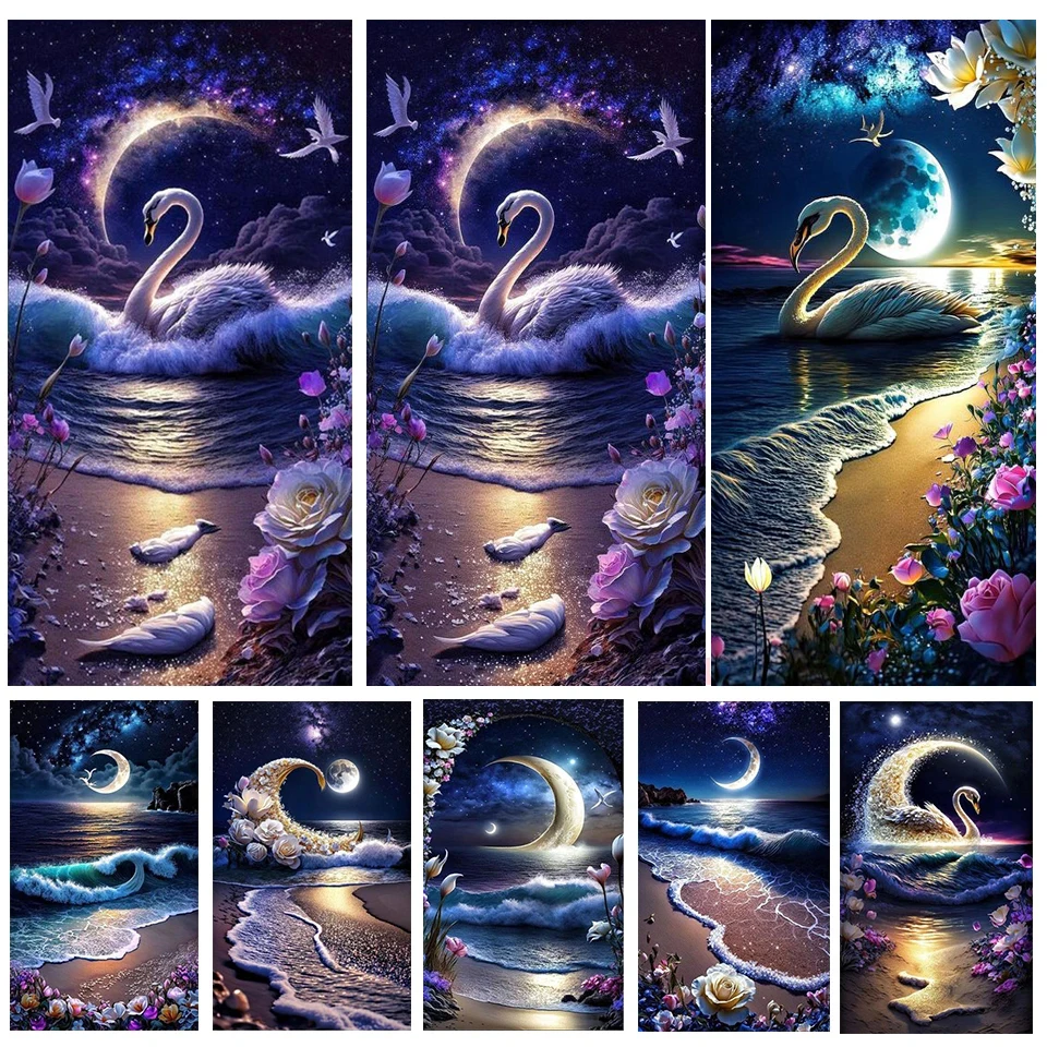 

5d Diy Diamond Painting Seaside Moon Swan Beach Fantasy Landscape Wall Art Modern Diamond Mosaic New 2023 Large Picture A506