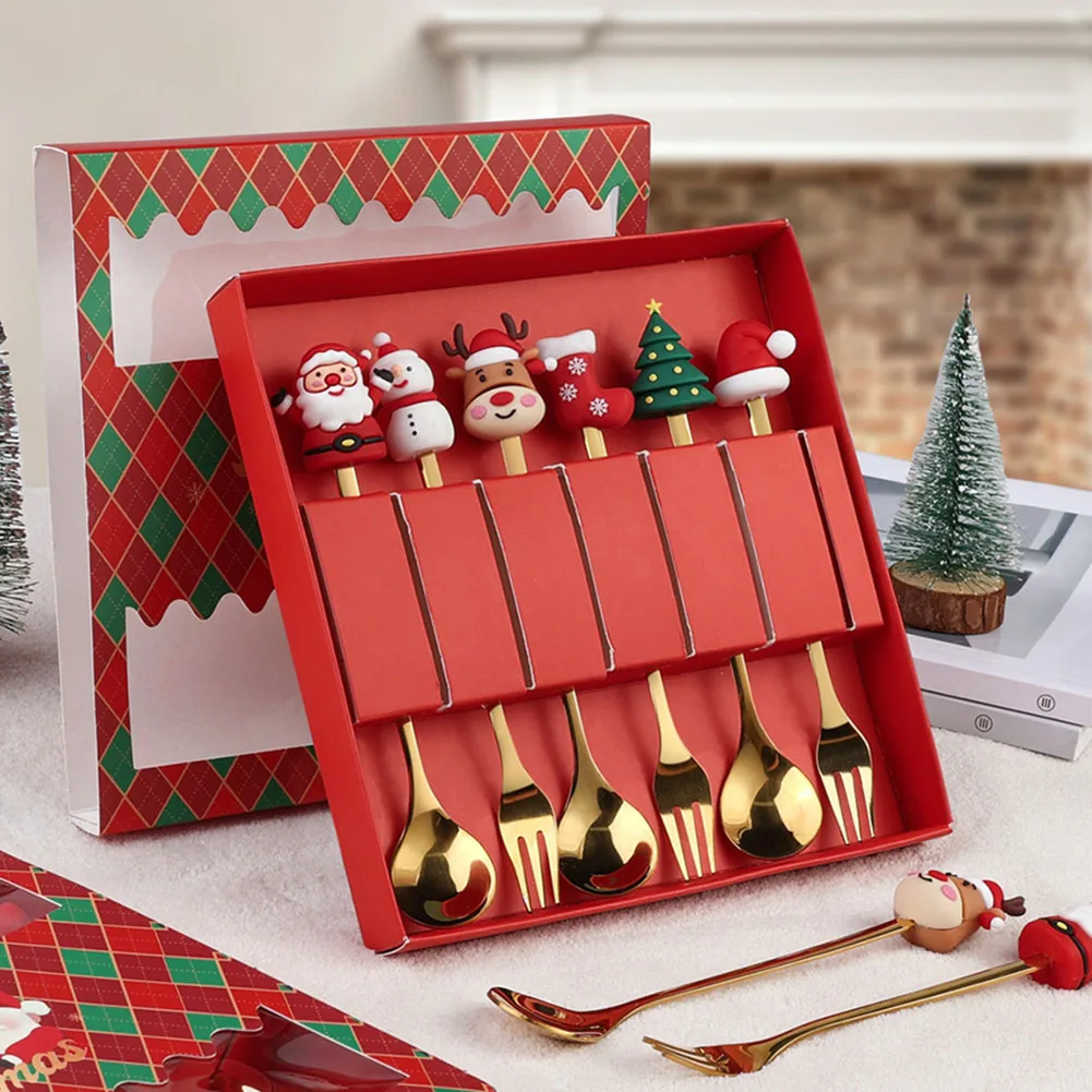 

Fun Doll Christmas Spoon Set Stainless Steel Gold Spoons Christmas Tableware Gift Snowman Elk Santa Claus Dessert Coffee Scoop