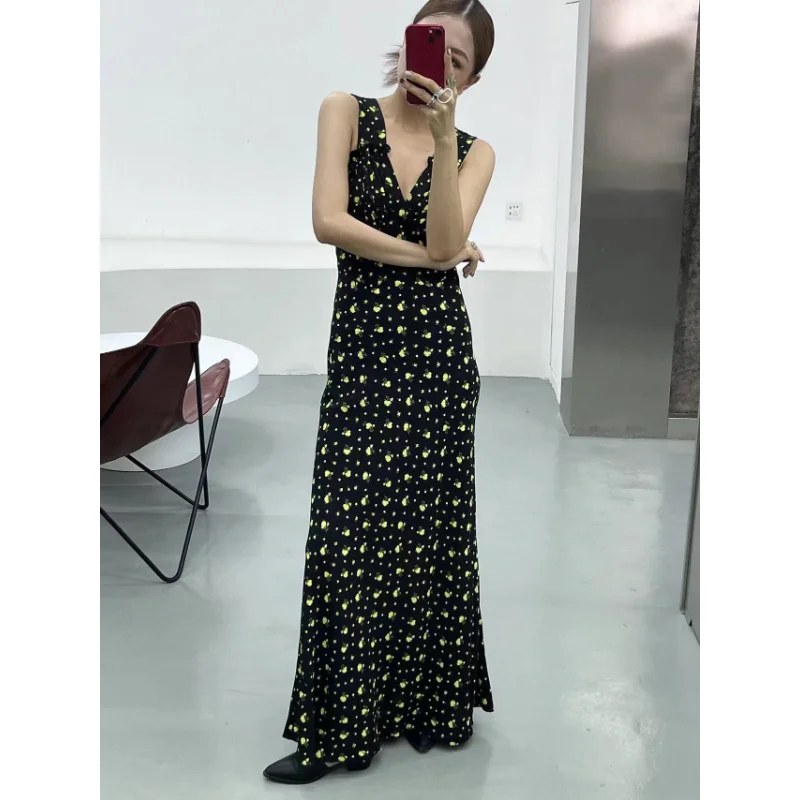 

Realis@tion Women's French High Waist Vintage Small Yellow Flower Printed Wide Straps Vacation Style Dress Design 2023 Summer