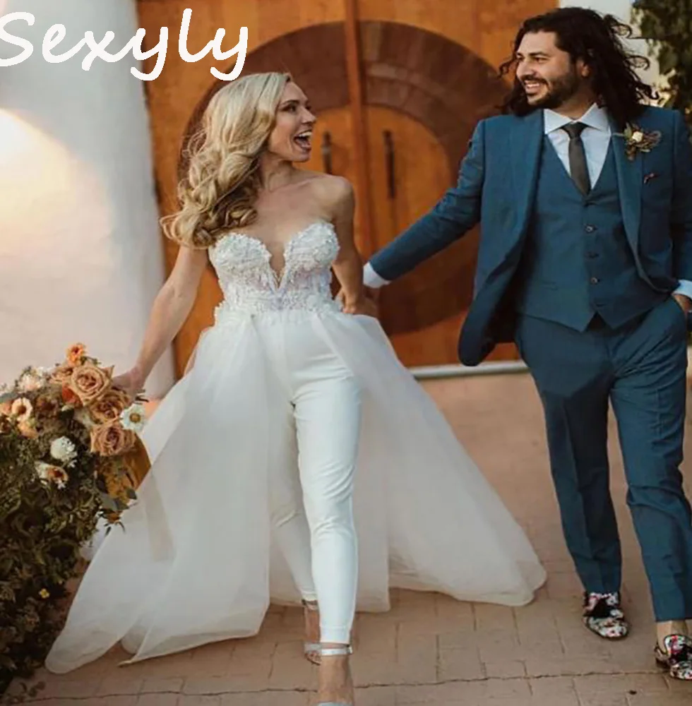 

Elegant Removable Boho Wedding Dress 2022 Sexy Sweetheart 2 In 1 Bohemian Wedding Dresses With Lace Pant Jumpsuit Bride Dress