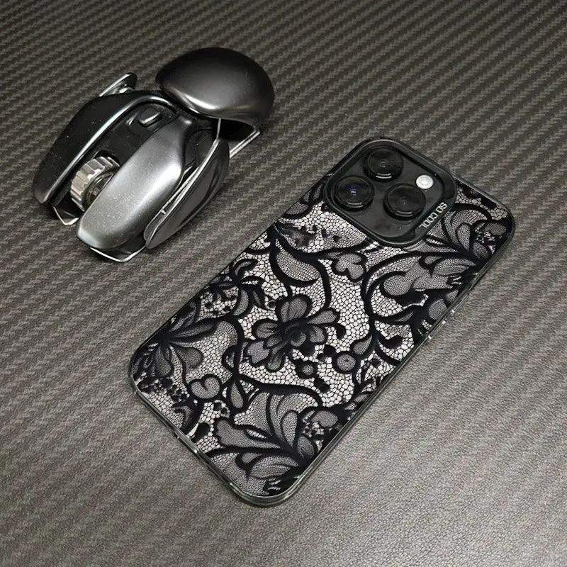 Фото Черный кружевной чехол для телефона для iPhone 17 17Air 16 15 14 13 12 11 Pro Max Mini XS XR X 7 8 Plus 16E противоударный жесткий чехол-бампер №1