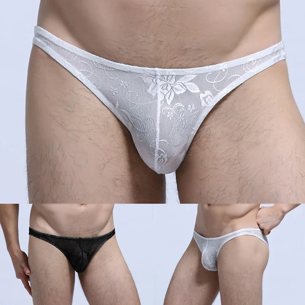 

Sexy Lace Printed Briefs Men Sexy Transparent Underwear Perspective Underpants Pensi Pouch Panties Low-Rise Bikini Trunks