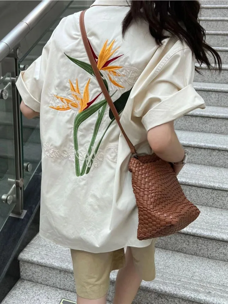 

Hikigawa японская шикарная модная блузка винтажная рубашка с вышивкой с коротким рукавом и отложным воротником модная женская блузка