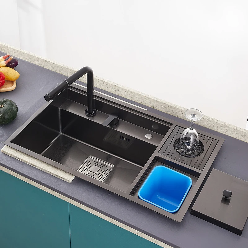 

Hidden bar sink with cup washer trash can black sink 304 kitchen sink wash basin