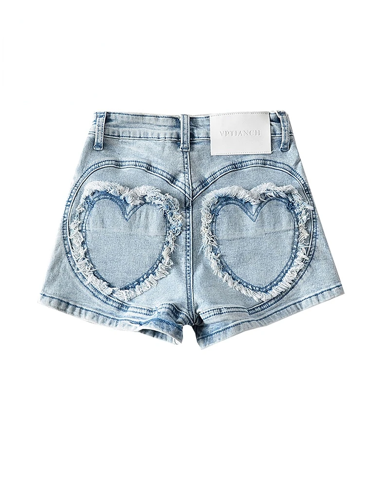 

Женские джинсовые шорты, синие широкие черные шорты с высокой талией в Корейском стиле Харадзюку, повседневные мешковатые трапециевидные джинсовые шорты с сердечками, лето 2023