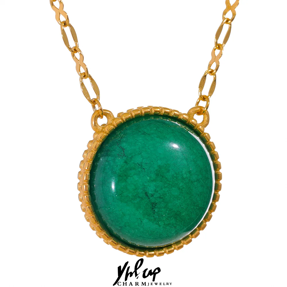 

Yhpup Exquisite Natural Stone Stainless Steel Round Pendant Necklace Green Agate Pink Crystal Tiger Waterproof Chic Jewelry New