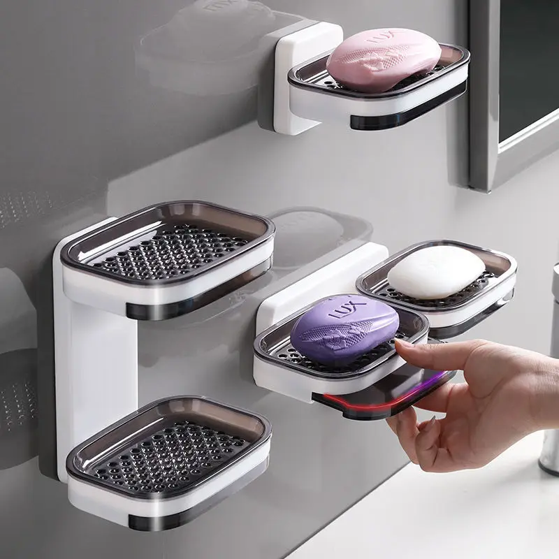

1PCBathroom Soap Box Sucker Wall Mounted Double Layer Draining Basket Household Rack Toiletry Storage Basket Moisture Proof Tray