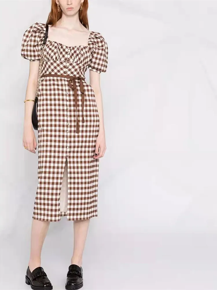 

Women Plaid Slit Midi Dress 2022 Spring Summer new Short Puff Sleeve Square Collar Vintage Single Breasted Robe with Sashes
