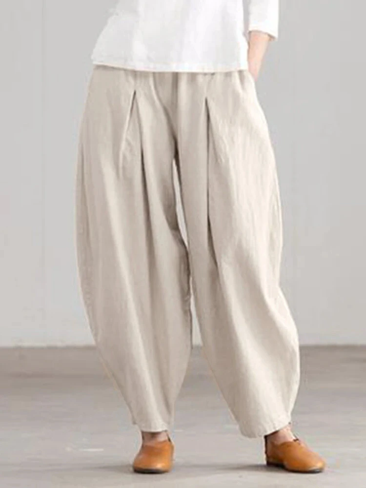 Pants for Women 2023 Simple Casual Cotton Linen Wide Leg Trousers Elastic Waist Pants Vintage Bloomers Pants Oversize