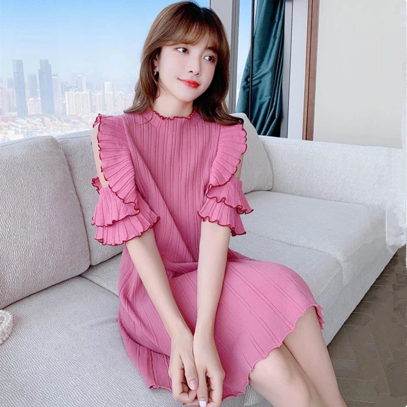 

2022 Summer Pink Small Fragrance Dress Ruffled Off-shoulder Short Dress Knitted Ladies Dress Lovely Lady