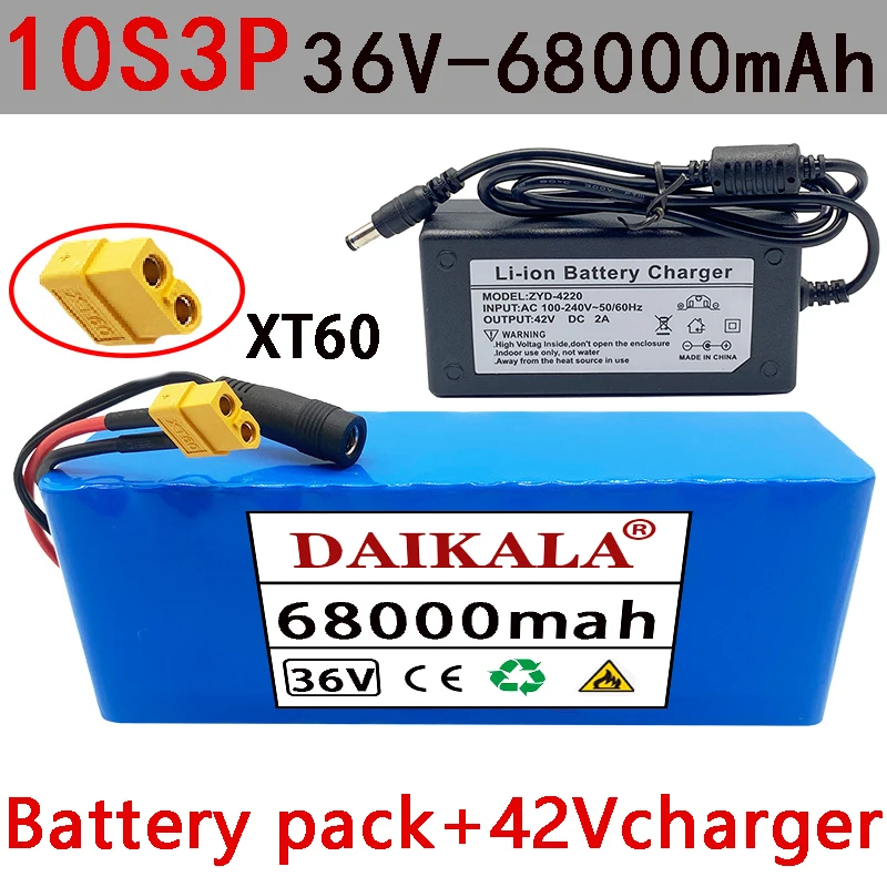 

DAIKALA New Batterie 10S3P 36V 68000mah XT60 500W, 42V, 68Ah, BMS, avec chargeur, pour vélo et scooter électrique+42Vcharger