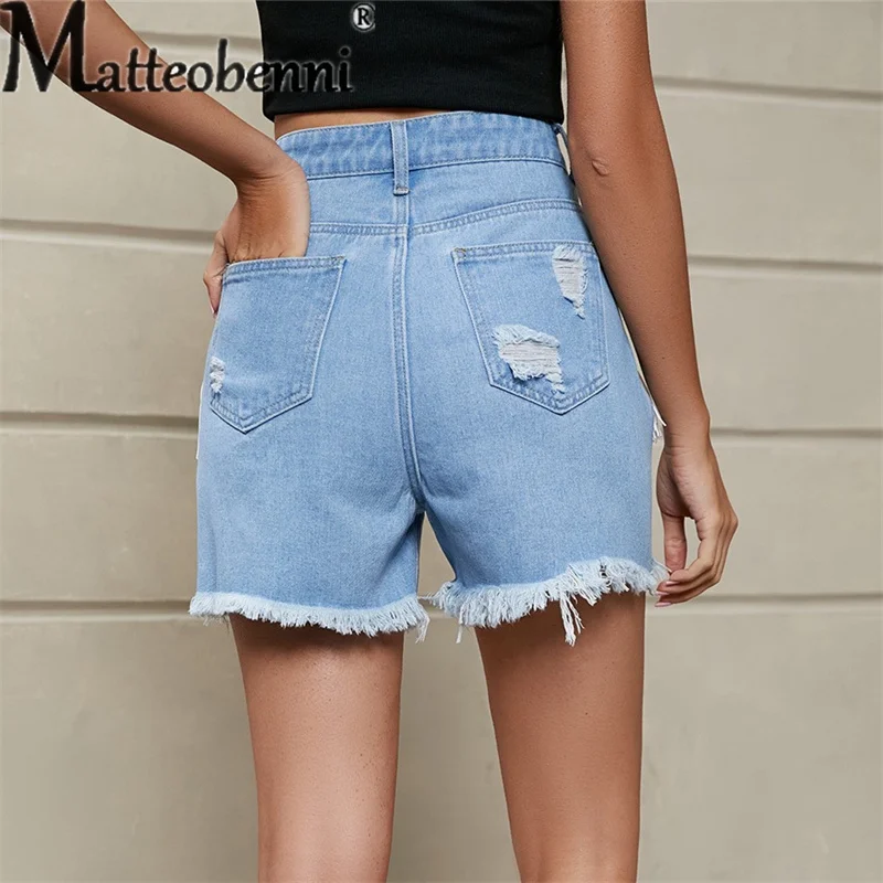 2023 Fashion Broken Holes Splicing Tassel Denim Shorts Women's Mid-waist Button Casual Straight Three-quarter Pants Female Jeans