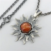 vintage style inlaid ruby sun light rays pendant necklace hip hop trend mens silver color metal necklace party gift jewelry