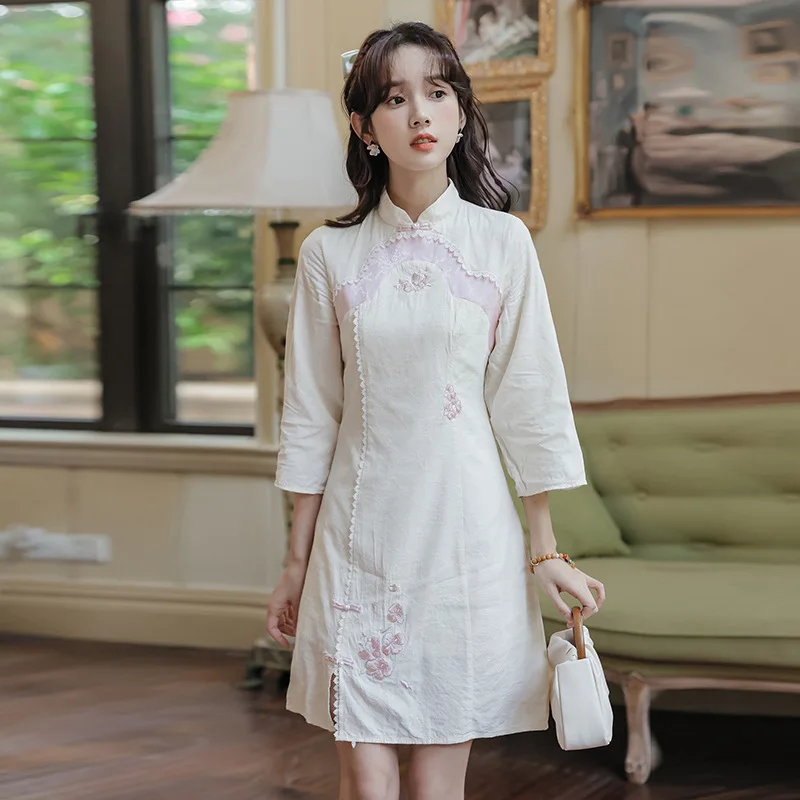 

Retro Gentle Style 2023 Spring Girly Style Design Dress Woman Milk Sweet National Style Han Elements Cheongsam Dress Woman