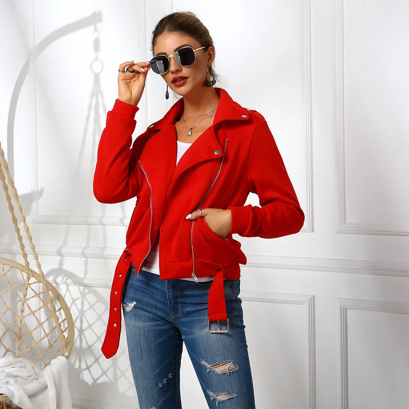 Women 2021 New Autumn Motorcycle Jacket Zipper Faux Soft Leather Jacket Short Leather Jacket Ladies Basic Street Coat Black Red
