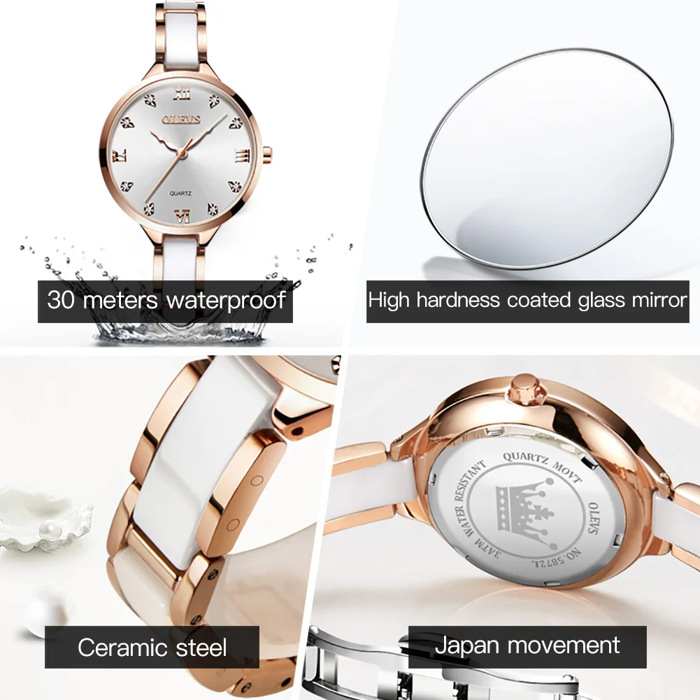 OLEVS 5872 Stainless Steel Strap Ceramics Japanese Movement Watches for Women Quartz Waterproof Fashion Women Wristwatches enlarge