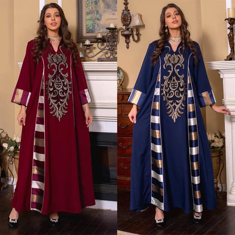 Factory Ethnic Embroidered Muslim Abaya Dress for Women Loose Plus Size Notched Stand Collar Moroccan Kaftan Duabi Robe Black