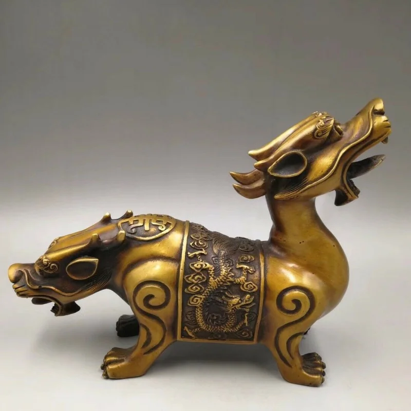 

Chinese Antique Old Copper Creates a Double Dragon Guardian Beast Household u