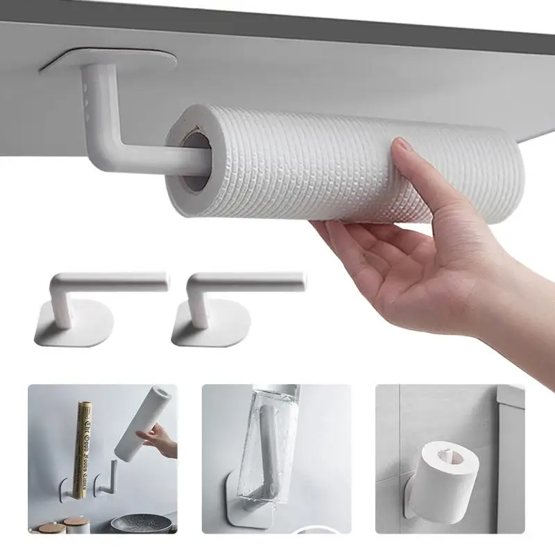 

Paper Towel Holder Hole-free Wall-mounted Kitchen Under Cabinet Roll Rack Tissue Hanger L-shape Cloth Hangers Durable 1 Pcs
