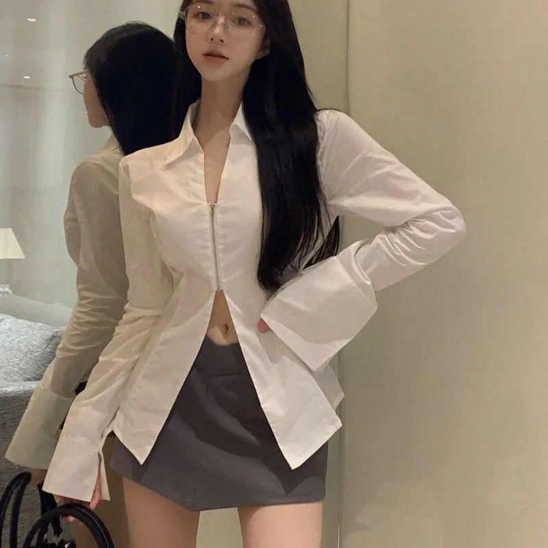 

Lucyever White Turndown Collar Shirts Women Korean Fashion Split Zipper Office Lady Blouse Sexy Slim Fit Long Sleeve Blouses