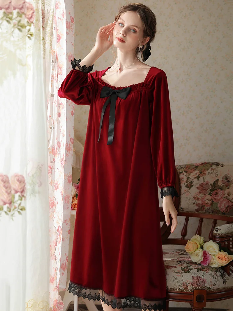 Women French Elegant Velvet Night Dress Long Sleeve Velour Robe Ruffles Bowknot Sleepwear Princess Nightwear Vintage Nightgowns