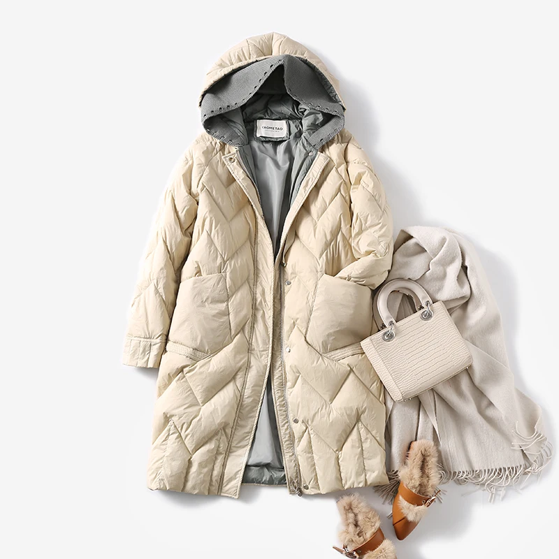FMFSSOM Winter 90% White Duck Down Hooded Long Coat Knitting Splicing Warm Jacket Splicing Color Puffer Coat Casual Fit Outwear