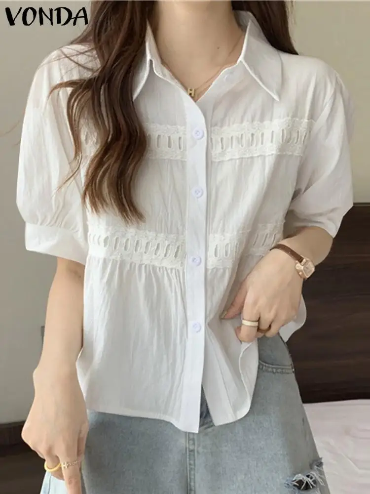 

Блузка VONDA женская с коротким рукавом, однотонная Повседневная офисная рубашка с воротником с лацканами, кружевная майка в уличном стиле, бо...