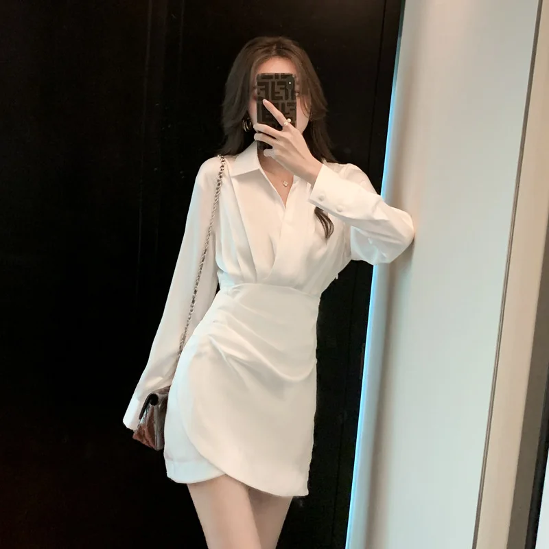 

2022 spring new style fashion high sense slim cover meat thin shirt skirt feminine V-neck dress