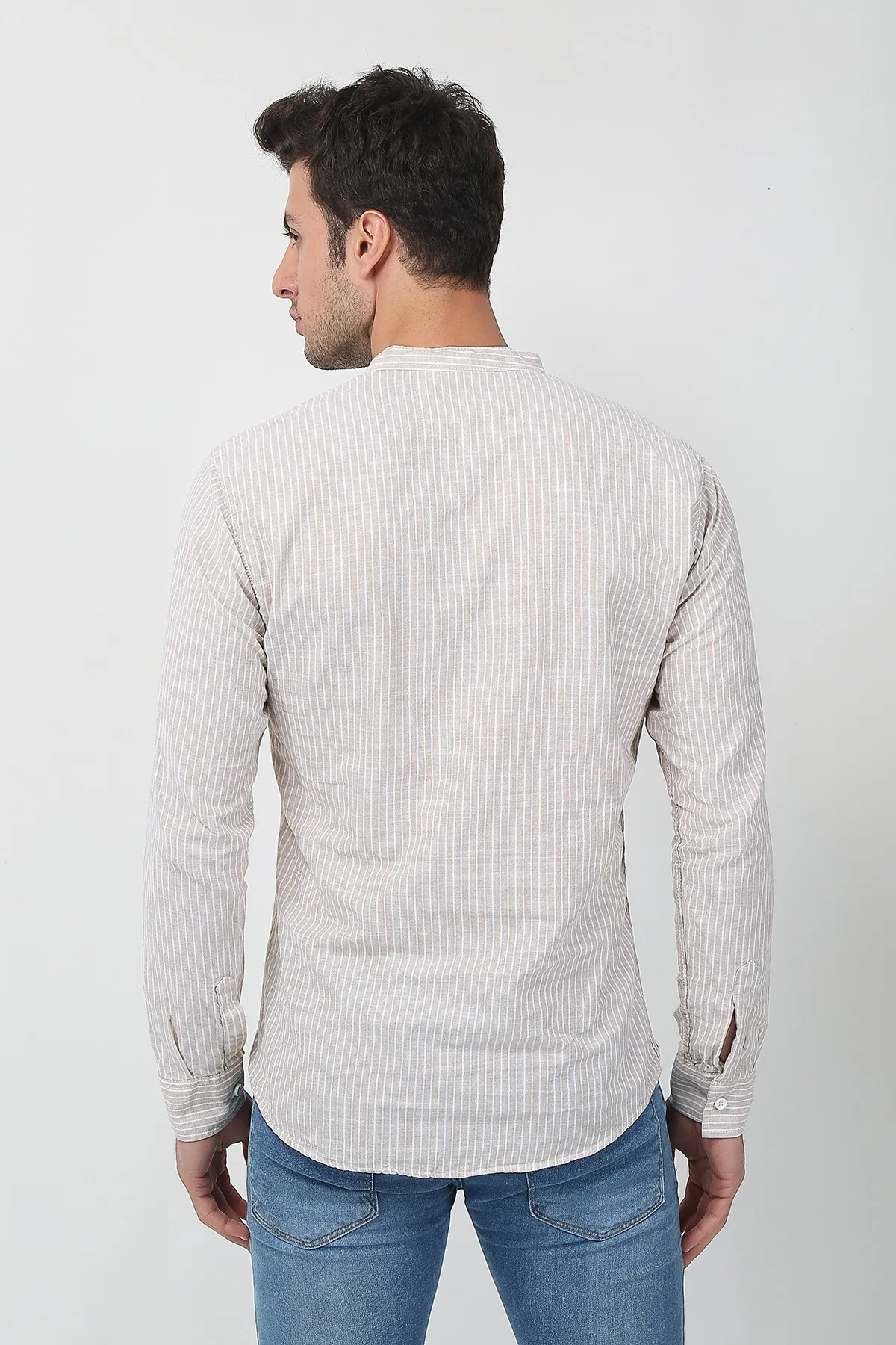 Therapy Men Men 'S Crew Neck Long Sleeve Half Patlı Linen Shirt 21K-4300575-02 Beige