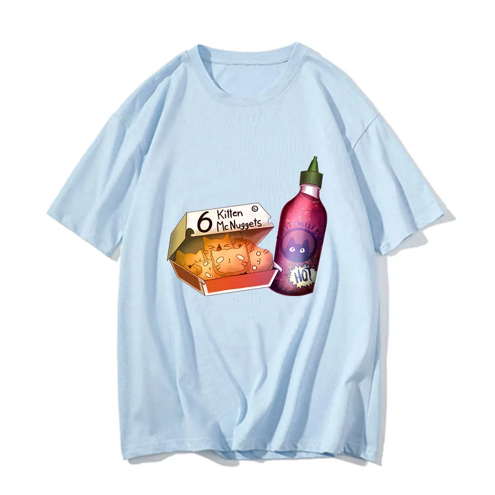 

Kitten Nuggets T-shirts Men Chili Sauce Cat Style Fried Chicken Tshirts 100% Cotton T Shirts Handsome Kawaii/Cute Simple Painted